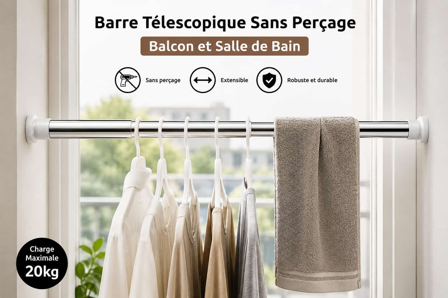 Barre télescopique sans perçage balcon et salle de bain, Balconia