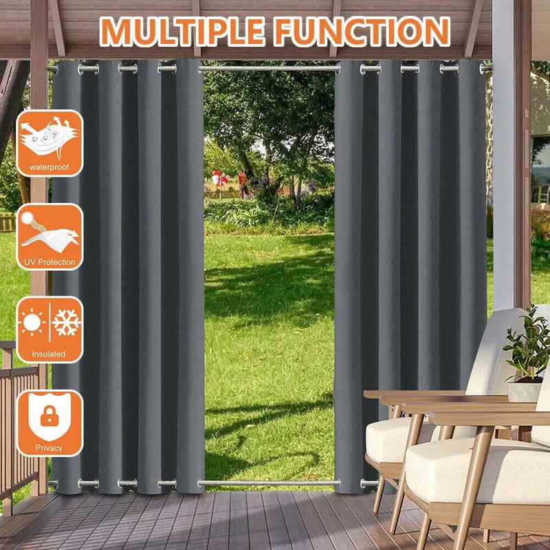 Rideau exterieur occultant pose sur tringle pergola, MonUniversRideau