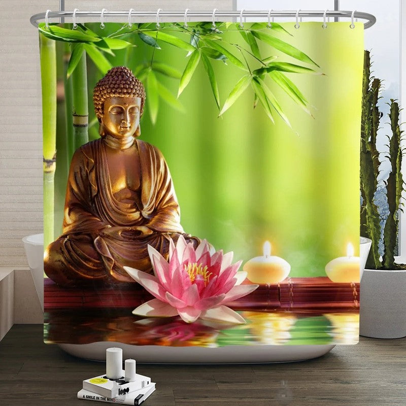 Rideau douche polyester bambou vert galets noirs ambiance zen MonUniversRideau