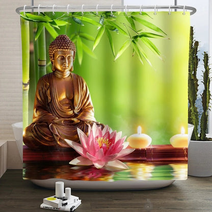 Rideau douche polyester bambou vert galets noirs ambiance zen MonUniversRideau