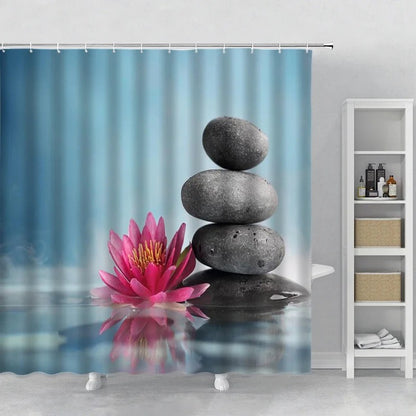 Rideau Zenbara motif spa galets noirs fond blanc aquatique MonUniversRideau