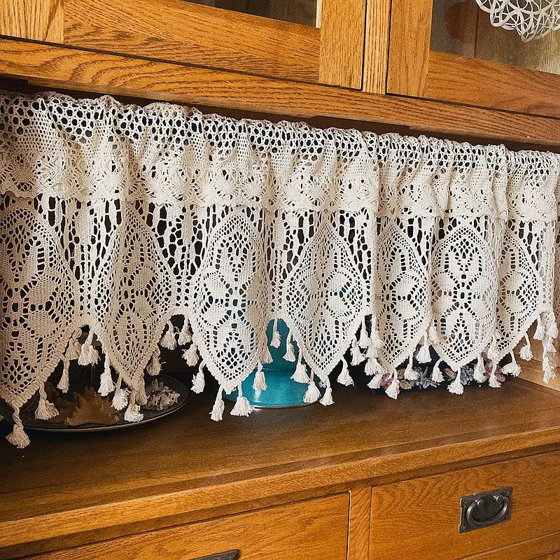 Rideau dentelle courte macrame motif geometrique MonUniversRideau