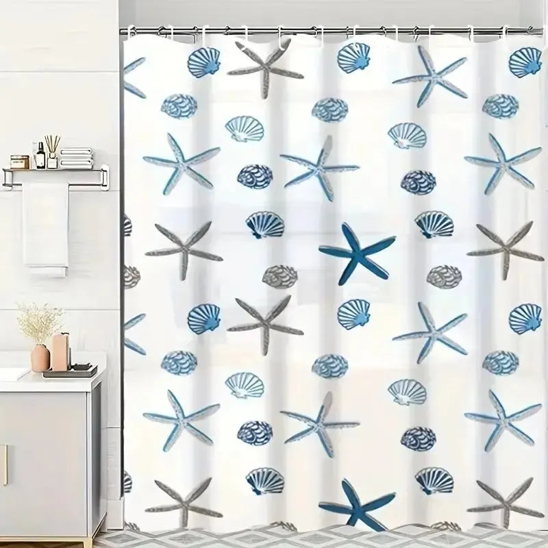 Rideau douche PVC etoiles de mer ambiance cotiere