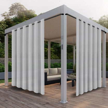 Lot rideaux exterieurs Soleia installes rail pergola MonUniversRideau