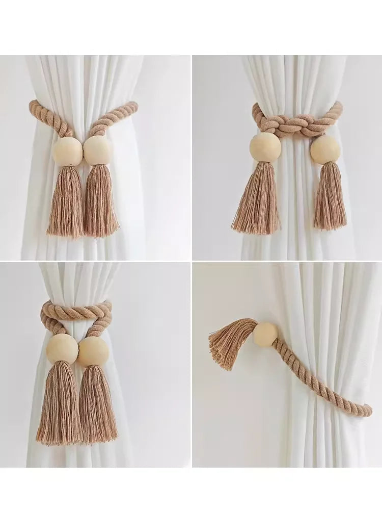 Perles bois naturel embrasse rideau artisanale beige MonUniversRideau