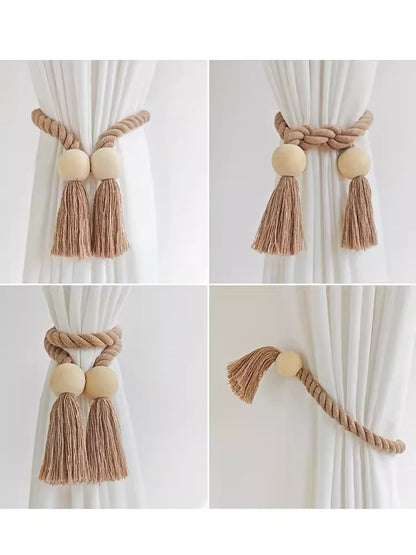 Perles bois naturel embrasse rideau artisanale beige MonUniversRideau