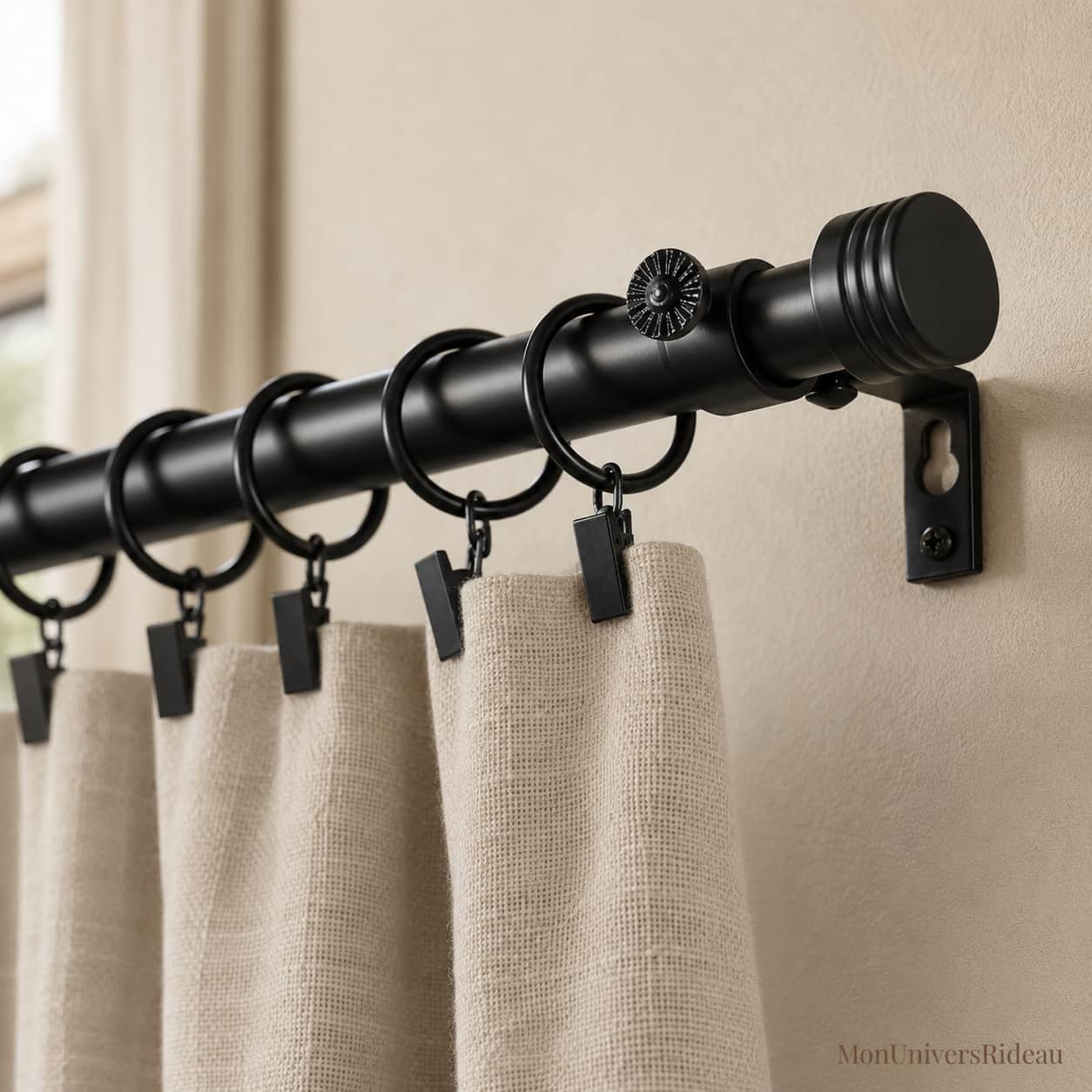 Tringle à rideau noire avec anneaux et supports, Norvane