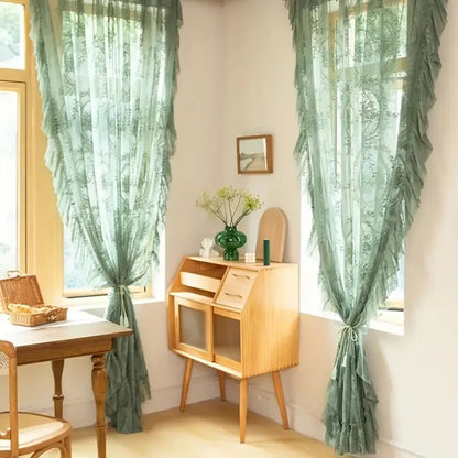 Voilage tulle vert sauge brode volants Seraphine MonUniversRideau