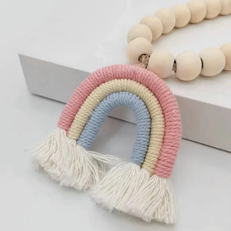 Lot de 2 embrasses rideau macrame perles arc-en-ciel sur fond neutre MonUniversRideau