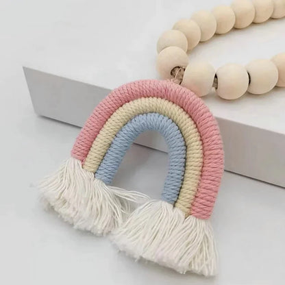 Lot de 2 embrasses rideau macrame perles arc-en-ciel sur fond neutre MonUniversRideau