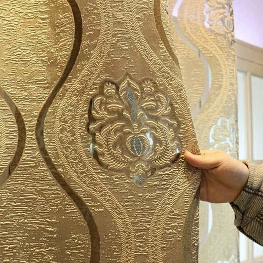 Rideau baroque œillets dores motifs medaillons kaki MonUniversRideau
